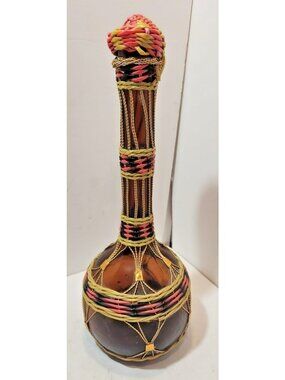 Vtg MCM Amber Glass Wine Decanter Genie Bottle Multi-Color Woven Vinyl Spain 14"